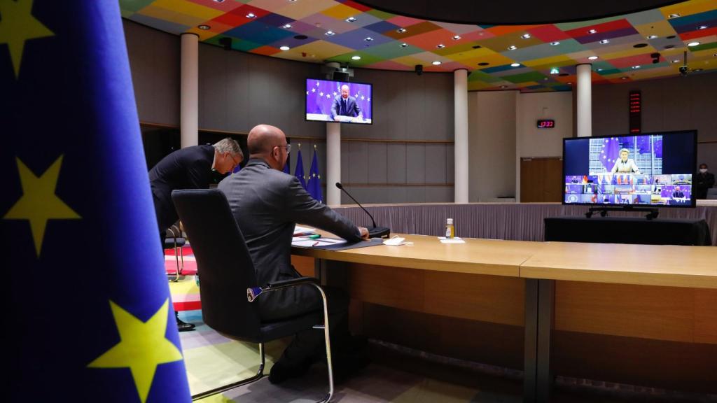 El presidente del Consejo Europeo, Charles Michel, durante la videocumbre de este jueves