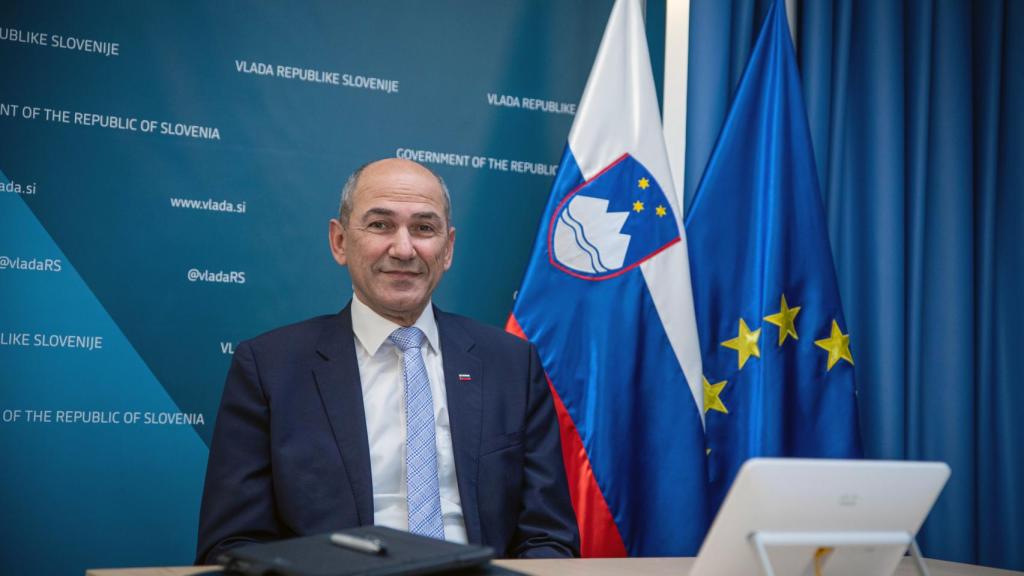 El esloveno Janez Jansa, que se ha unido a Polonia y Hungría, durante la videocumbre de este jueves