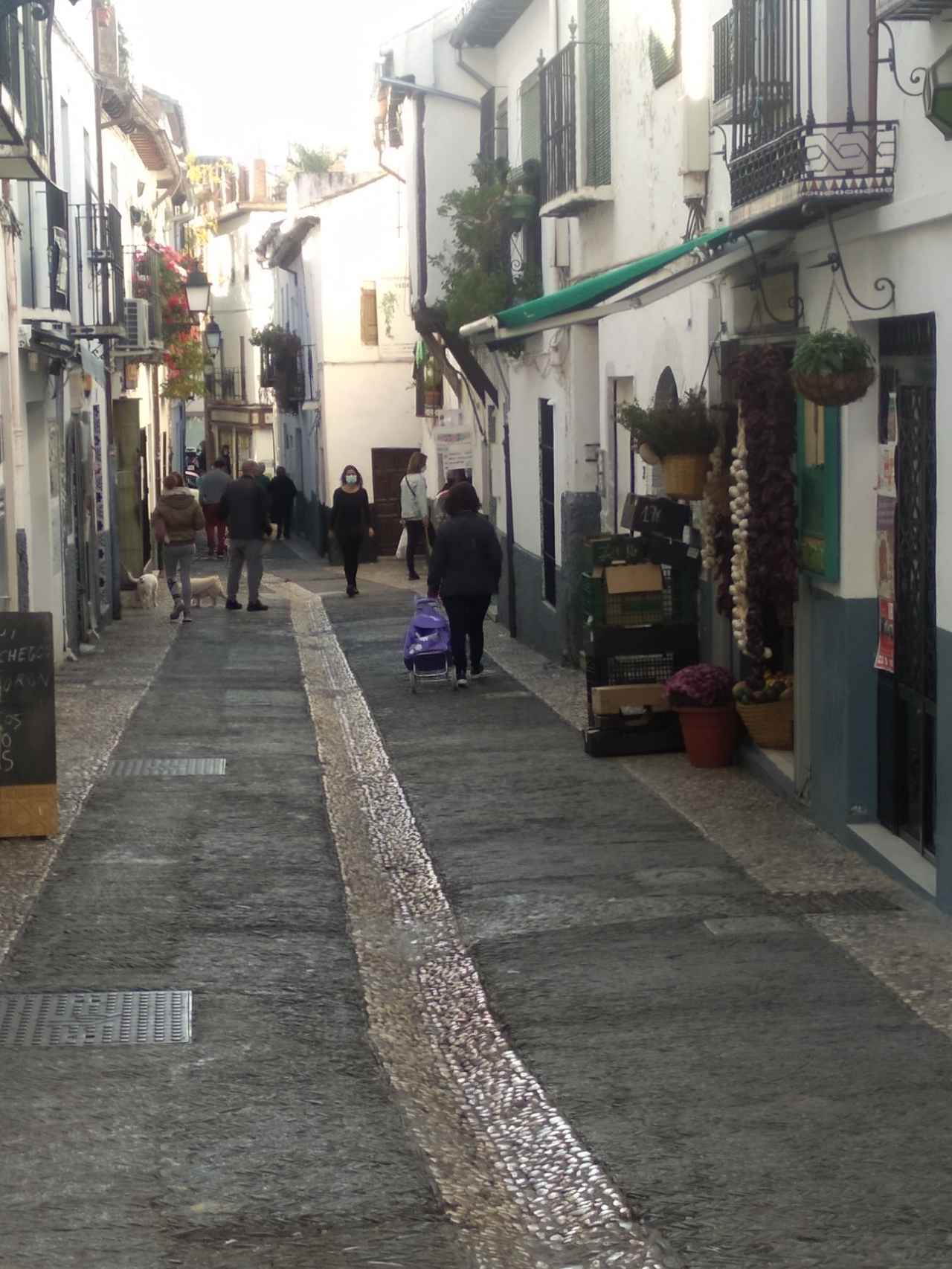 Una de las empinadas calles del barrio del Albaicín con su tradicional empedrado.