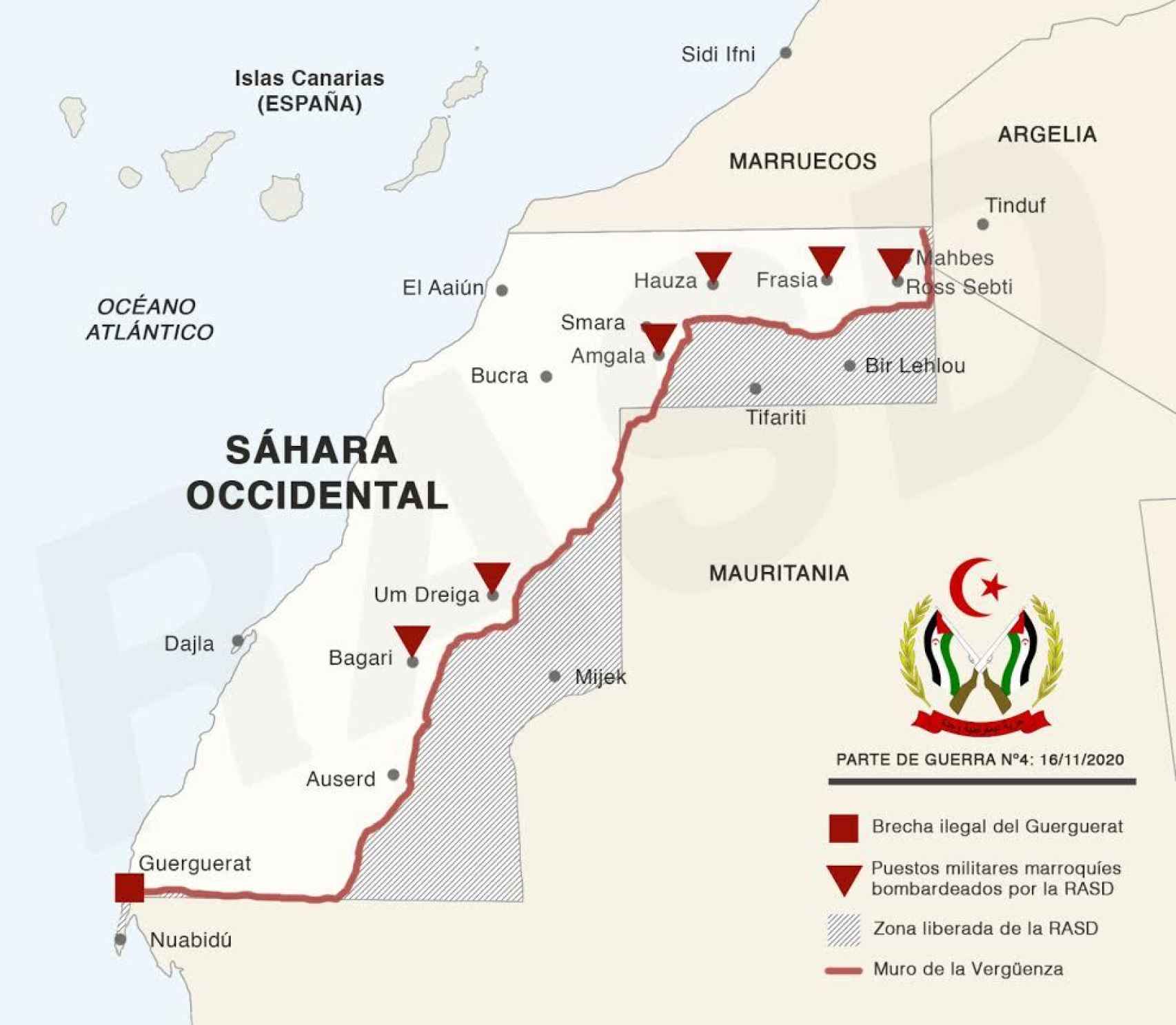 Mapa de las zonas marroquíes atacadas por las fuerzas del Frente Polisario hasta el 16 de noviembre. FUENTE: Frente Polisario