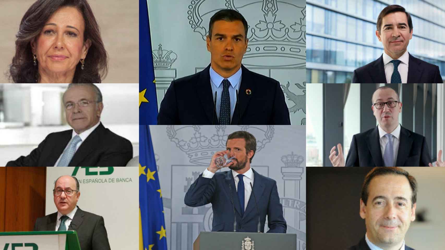 Ana Botín, Pedro Sánchez, Carlos Torres, Isidro Fainé, Onur Genç, José María Roldán, Pablo Casado y Gonzalo Gortázar.