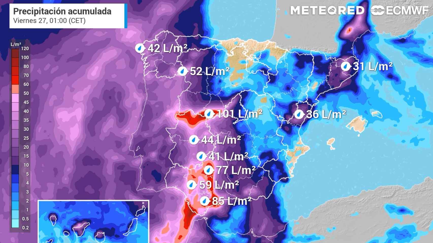 Lluvias previstas hasta la noche del jueves, con acumulados importantes en el centro y suroeste peninsular. Meteored.