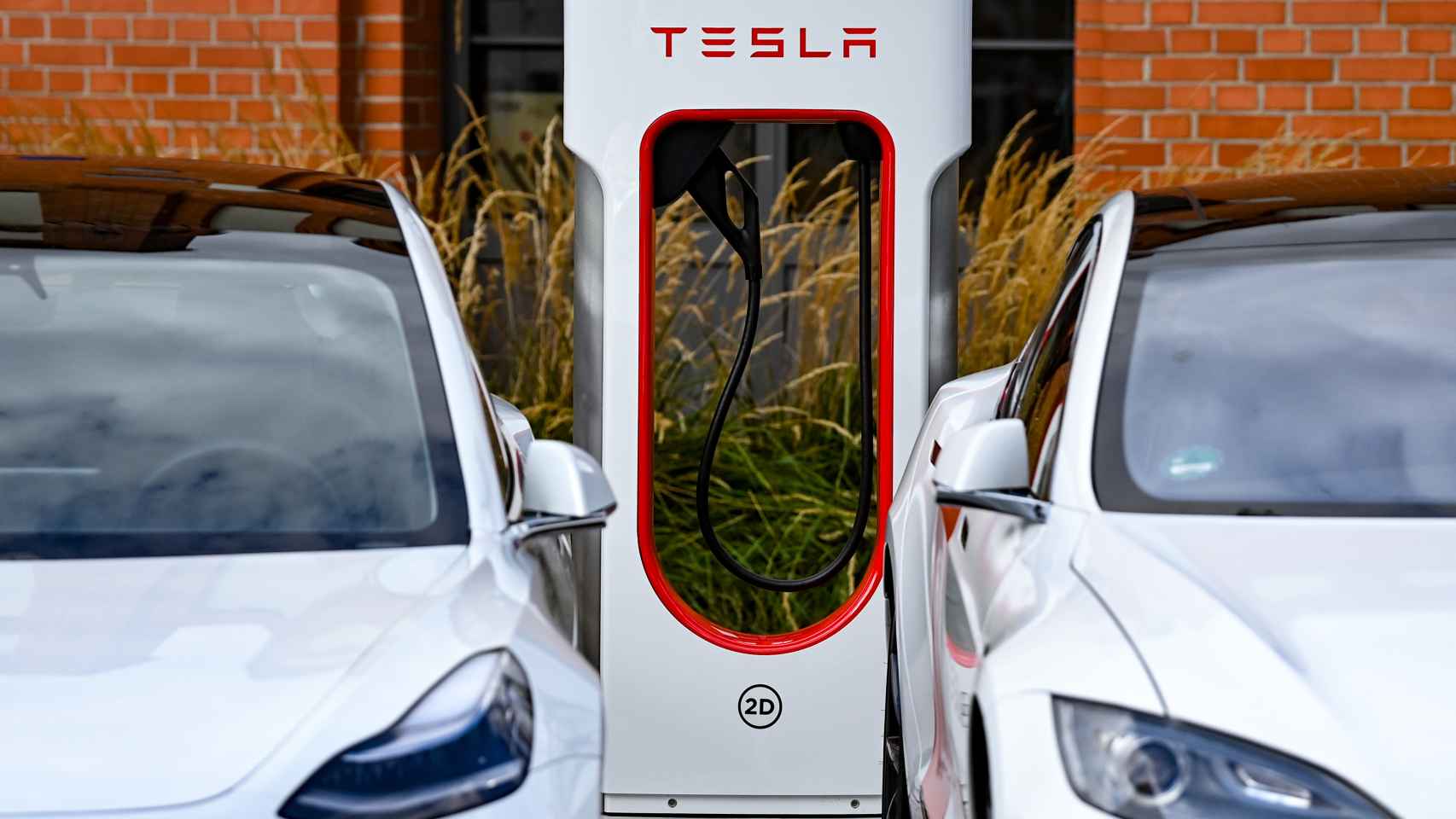 Dos vehículos de Tesla en un cargador de la marca.