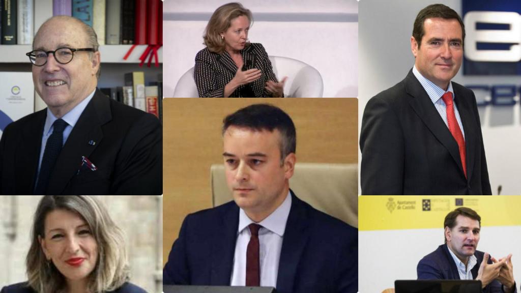 John de Zulueta, Nadia Calviño, Antonio Garamendi, Yolanda Díaz, Iván Redondo y Manuel de la Rocha.