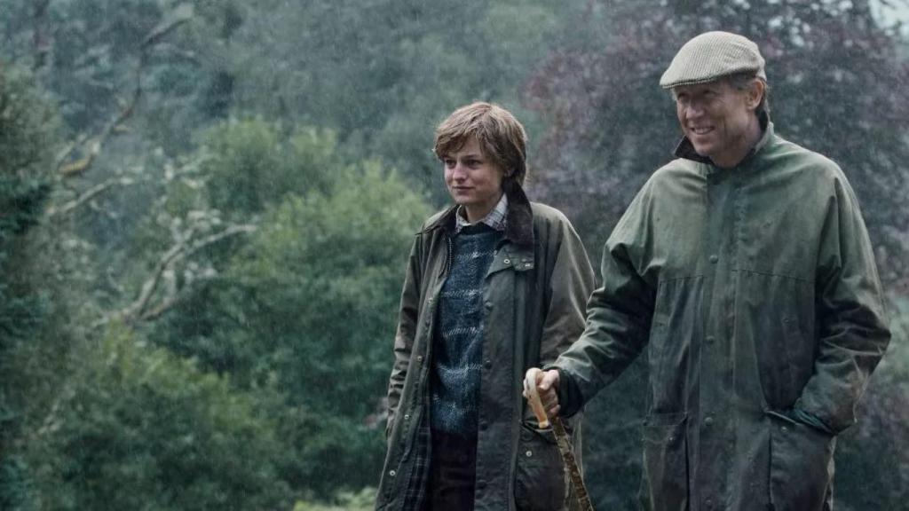 Una escena de 'The Crown' que muestra a Diana y Carlos con chaquetas Barbour.