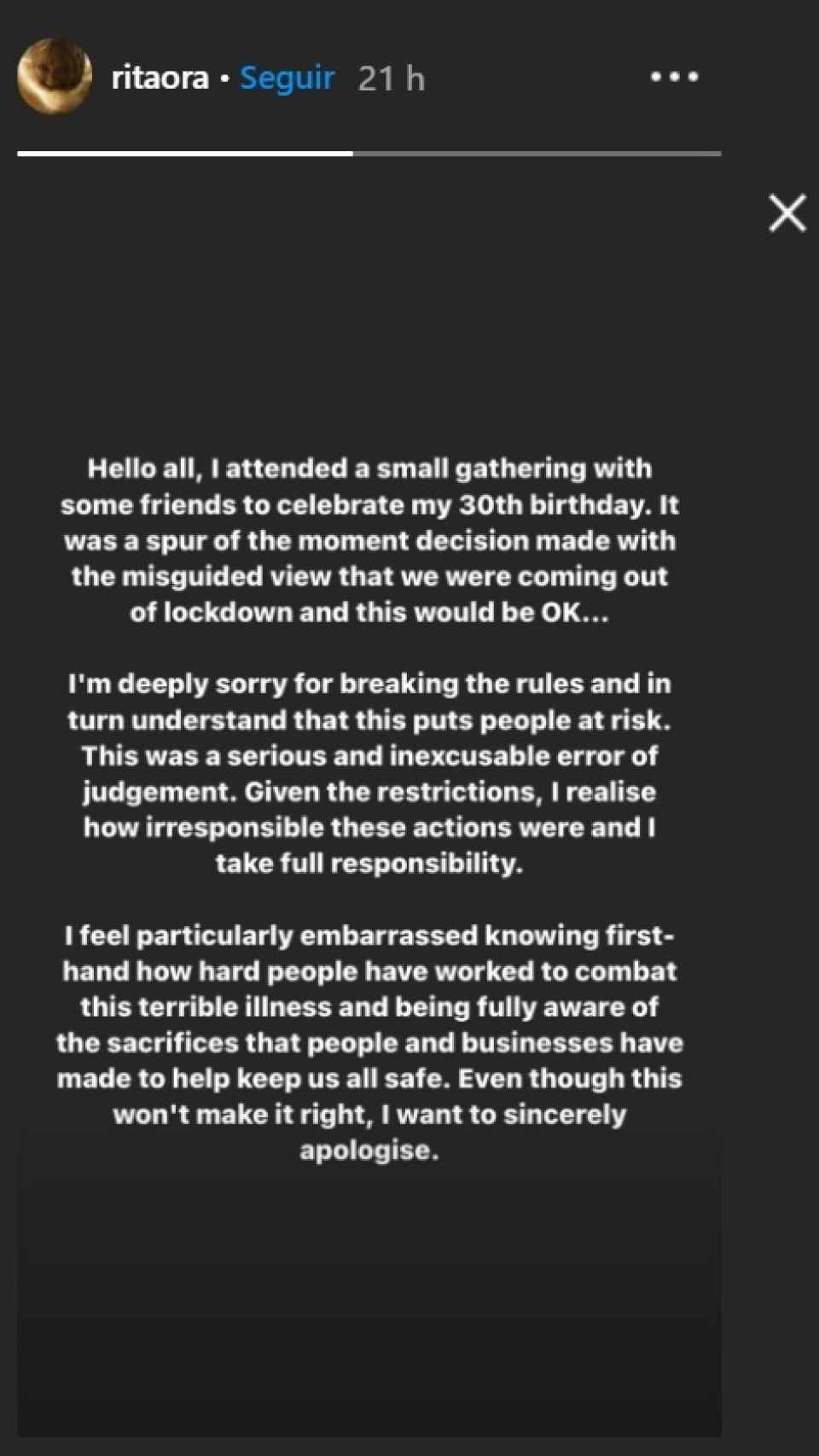 Comunicado de Rita Ora a través de su perfil de Instagram.