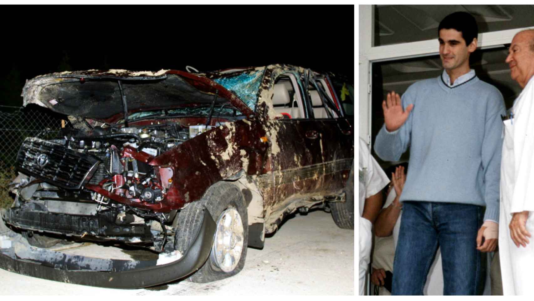 Jesulín en montaje junto al estado en el que quedó su coche en 2001.