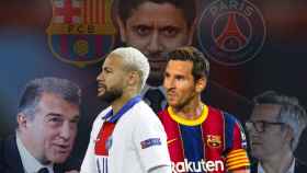 Joan Laporta, Neymar Jr., Nasser Al-Khelaifi, Leo Messi y Víctor Font, en un fotomontaje