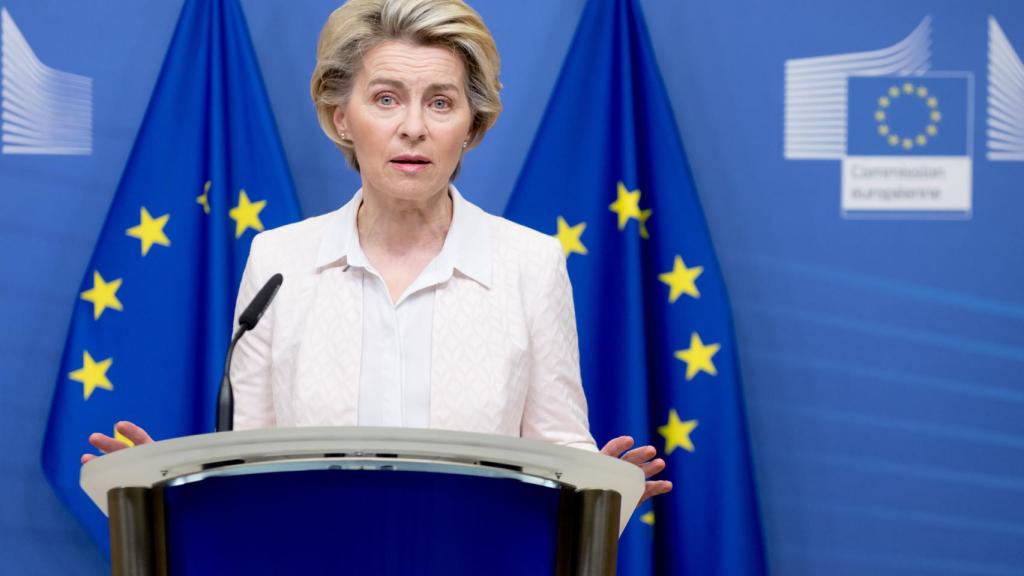La presidenta Ursula von der Leyen, durante su comparecencia de este sábado