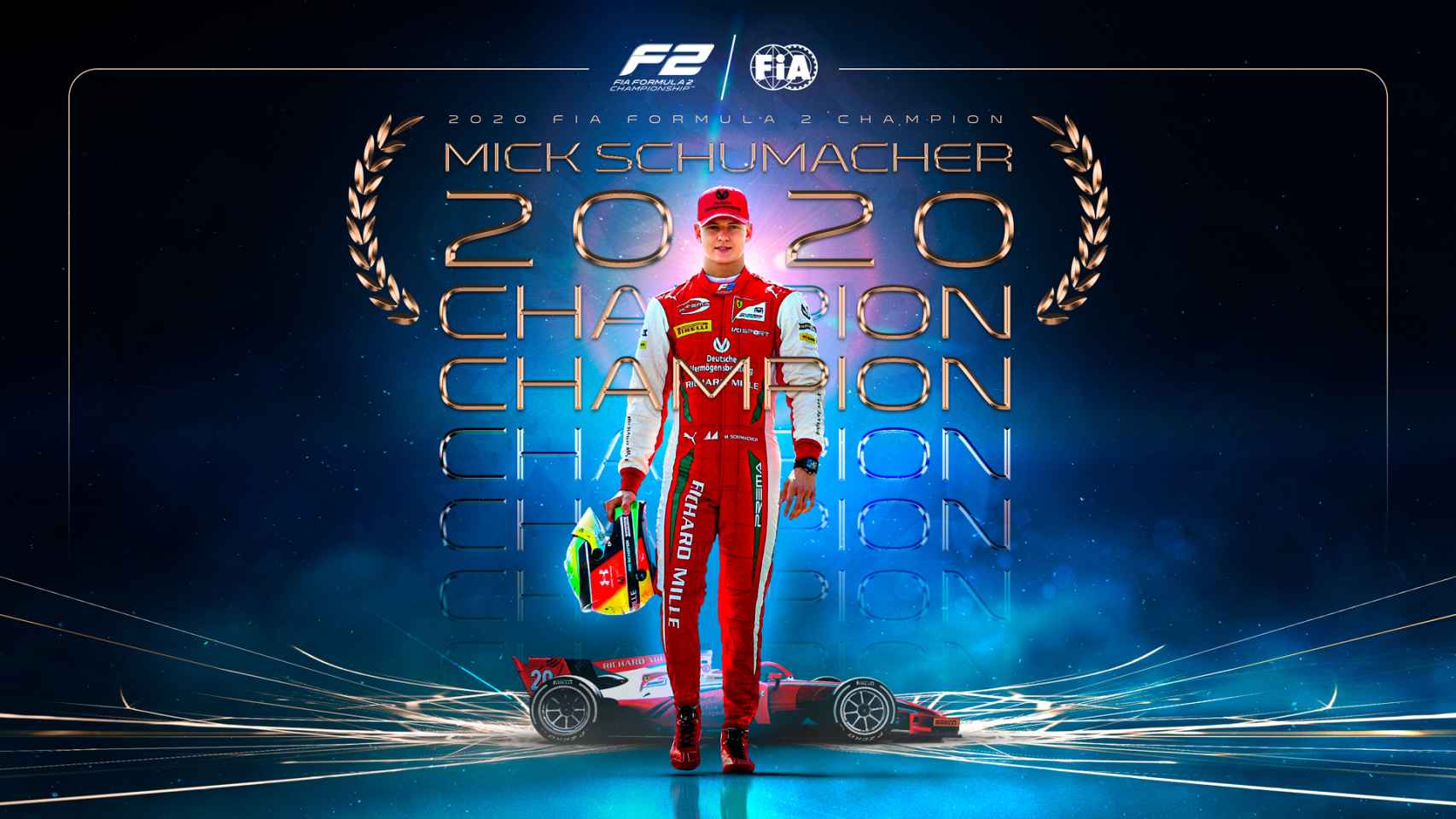 Mick Schumacher y el cartel por su campeonato de F2. Foto: Twitter (@FIA_F2)