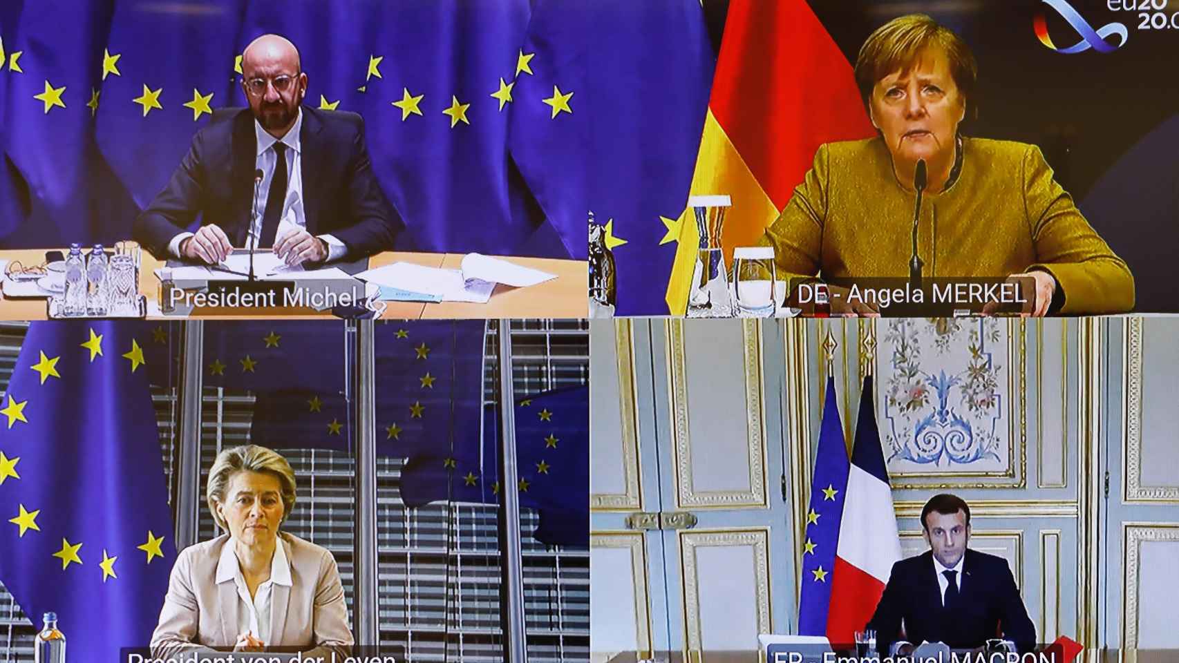 Charles Michel, Angela Merkel, Ursula von der Leyen y Emmanuel Macron, durante la videoconferencia de este lunes