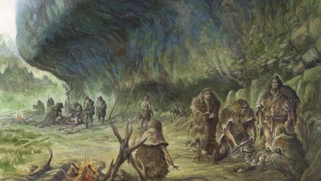 Reconstrucción del entierro del niño por los neandertales en La Ferrassie.