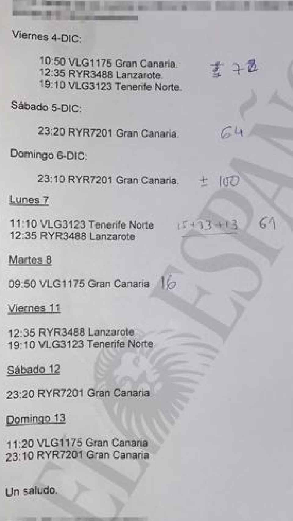 El documento policial en el que se destacan los inmigrantes que llegaron en cada vuelo a Valencia.