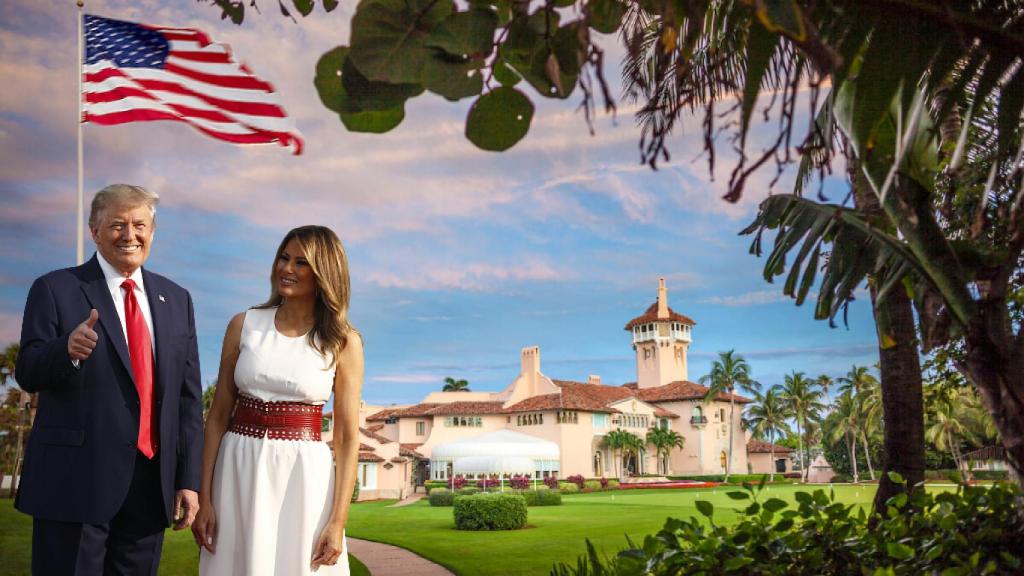 Donald Trump y Melania, junto a su casa en Mar-a-Lago, en un fotomontaje de JALEOS.