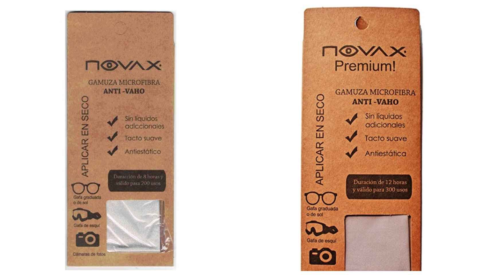 Las gamuzas antivaho de Novax. A la izquierda, la versión que cuesta 8,65 euros y, a la derecha, la que cuesta 14,50 euros.