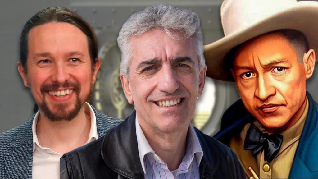 De izquierda a derecha: el líder de Podemos en Madrid Luis Nieto, Pablo Iglesias y el revolucionario nicaragüense Augusto César Sandino.