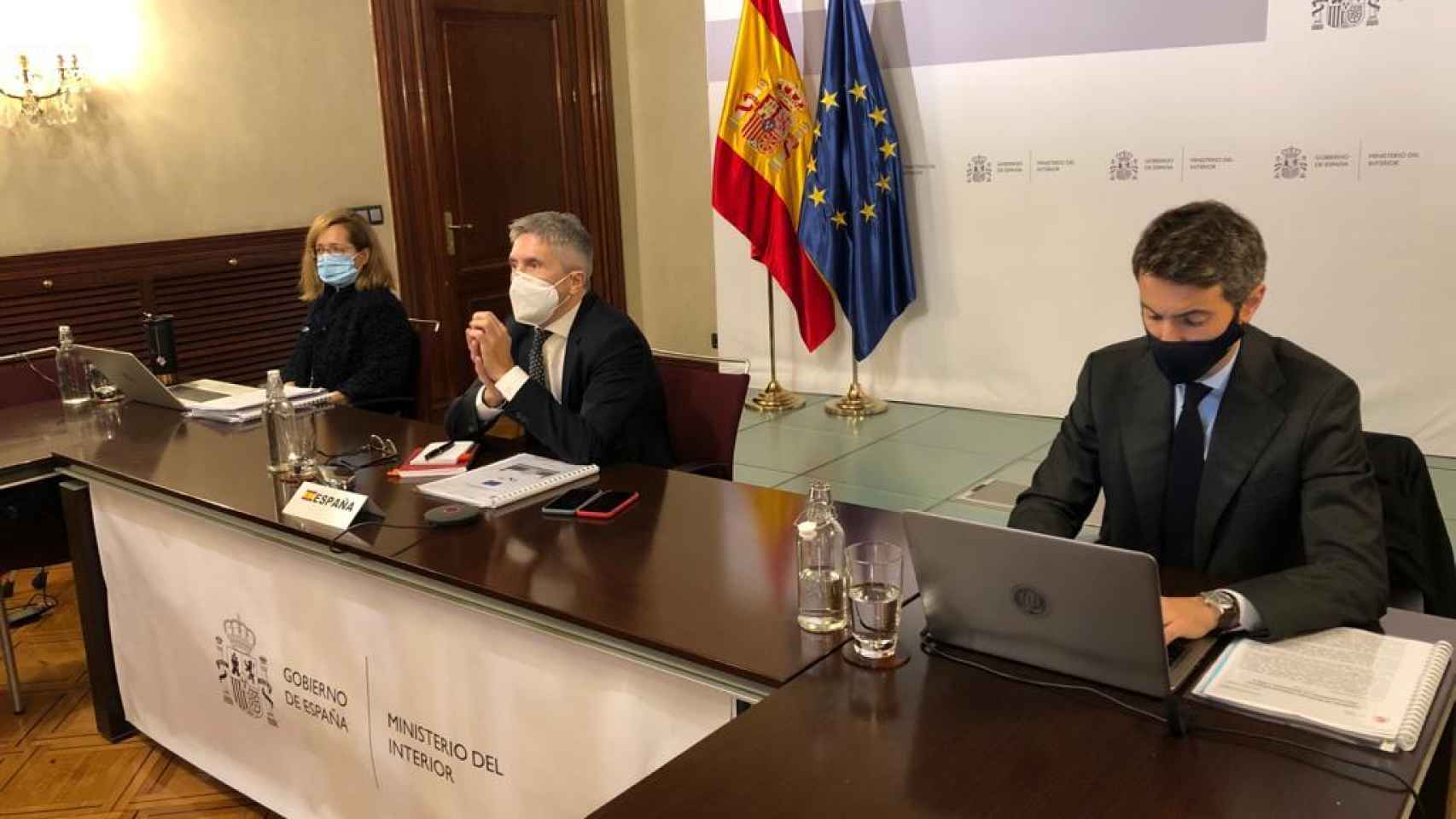 El ministro del Interior, Fernando-Grande Marlaska, durante la videoreunión de la UE de este lunes