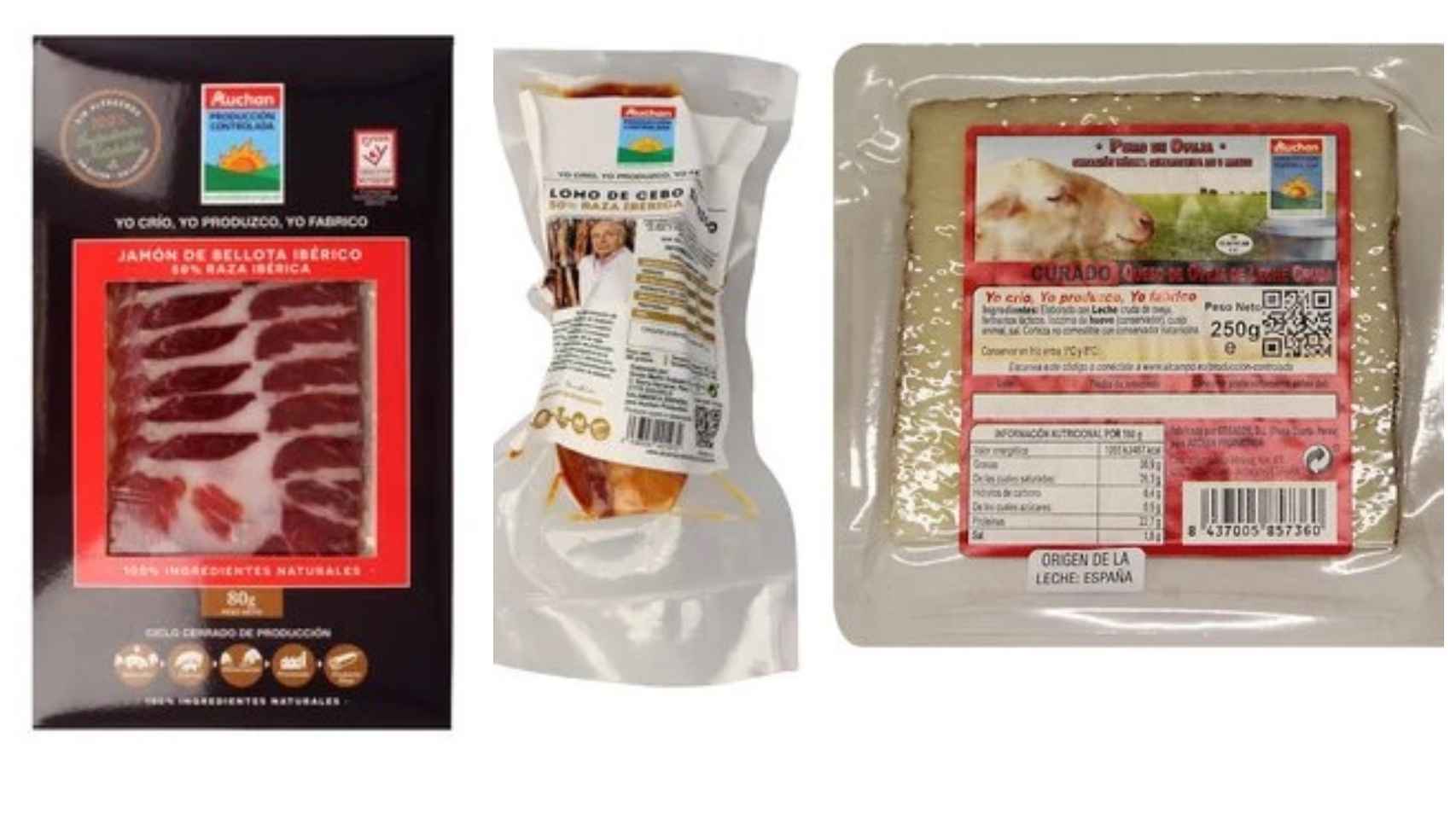 Los productos de Auchan Producción Controlada. De izquierda a derecha: jamón de bellota ibérico, lomo de cebo ibérico y queso de oveja.