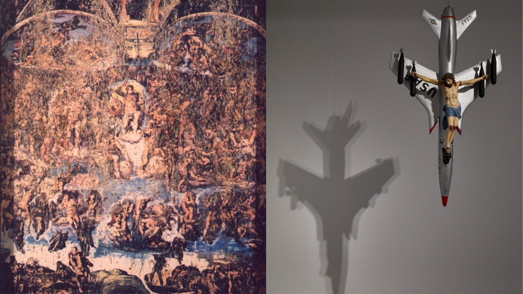 El collage de la Capilla Sixtina hecha de excrementos y el Cristo crucificado sobre un avión militar.