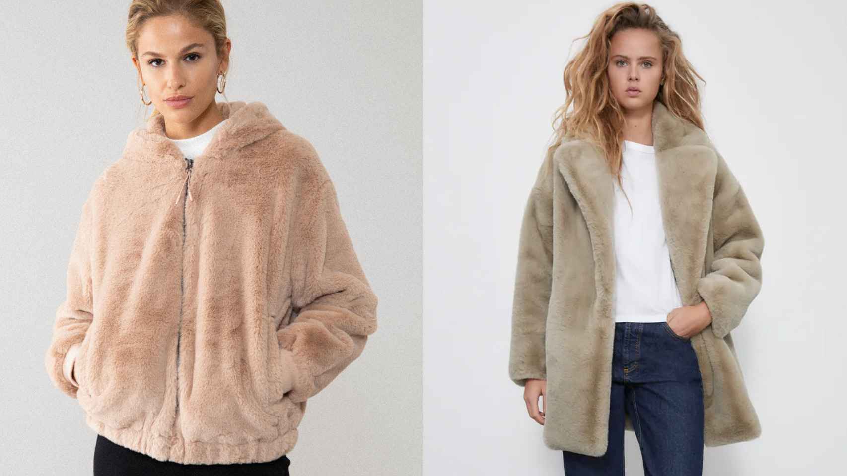 La versión 'low-cost' del abrigo de Laura Matamoros está disponible en Lefties (izquierda) y Zara (derecha).