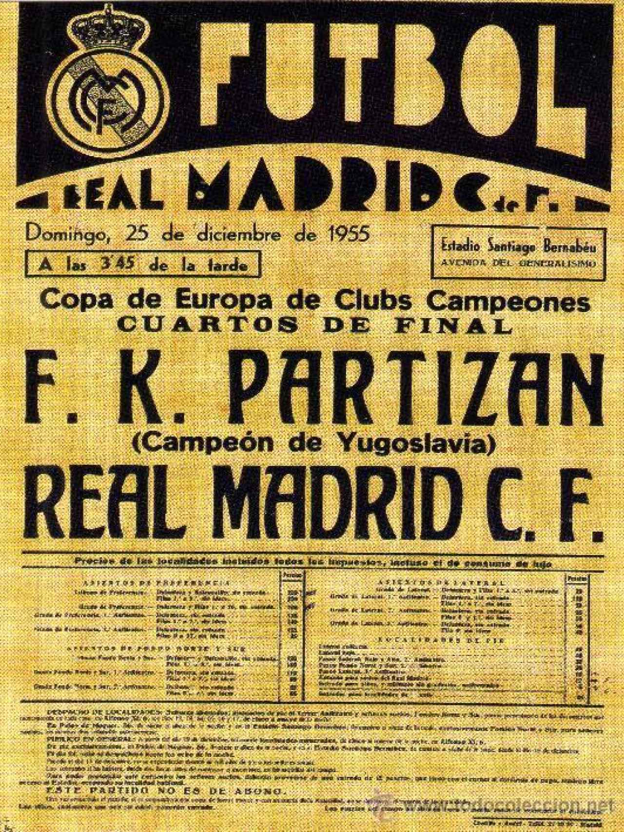 El cartel del partido entre el Real Madrid y el Partizan de Belgrado el 25 de diciembre de 1955