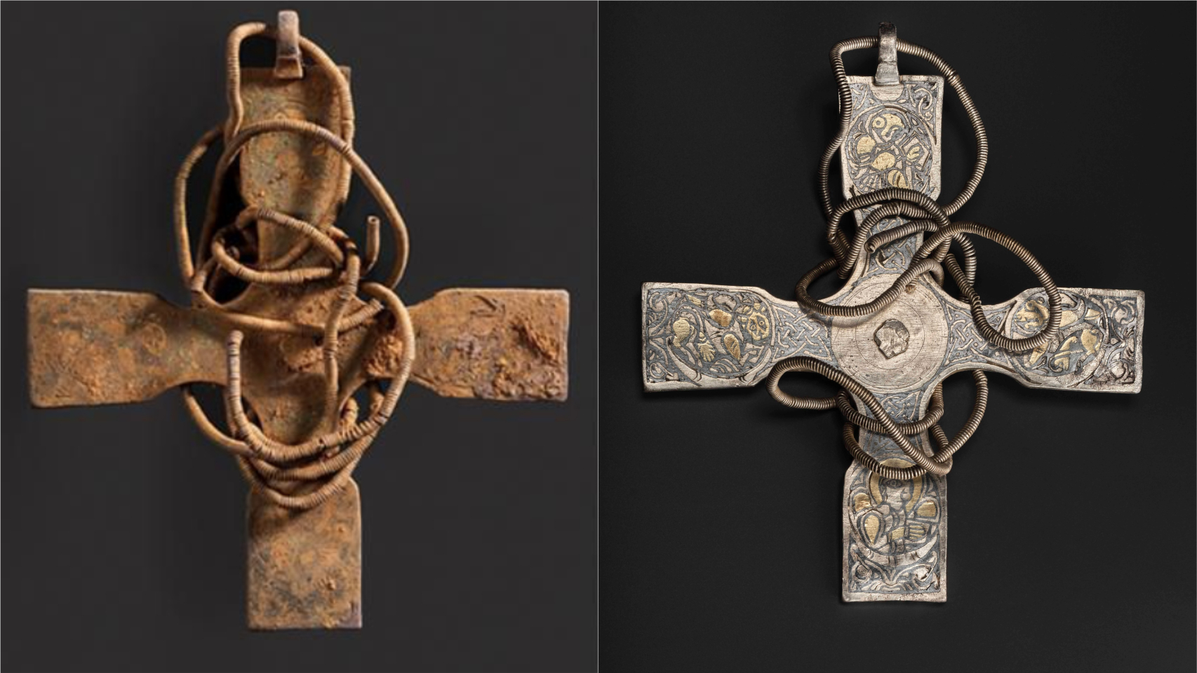 La cruz antes y después de su restauración.
