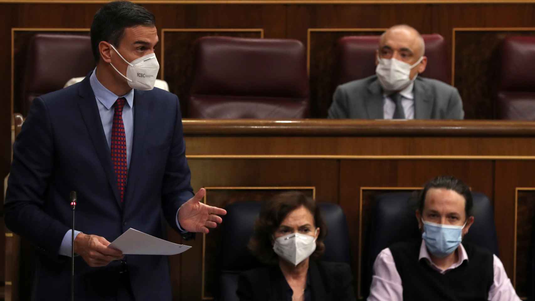 Pedro Sánchez, durante una intervención desde la bancada azul del Gobierno.
