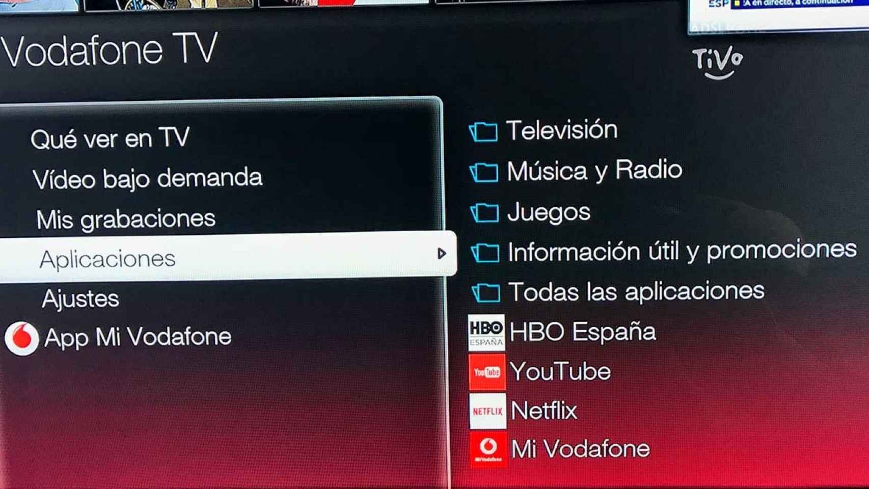 Interfaz de Vodafone TV.
