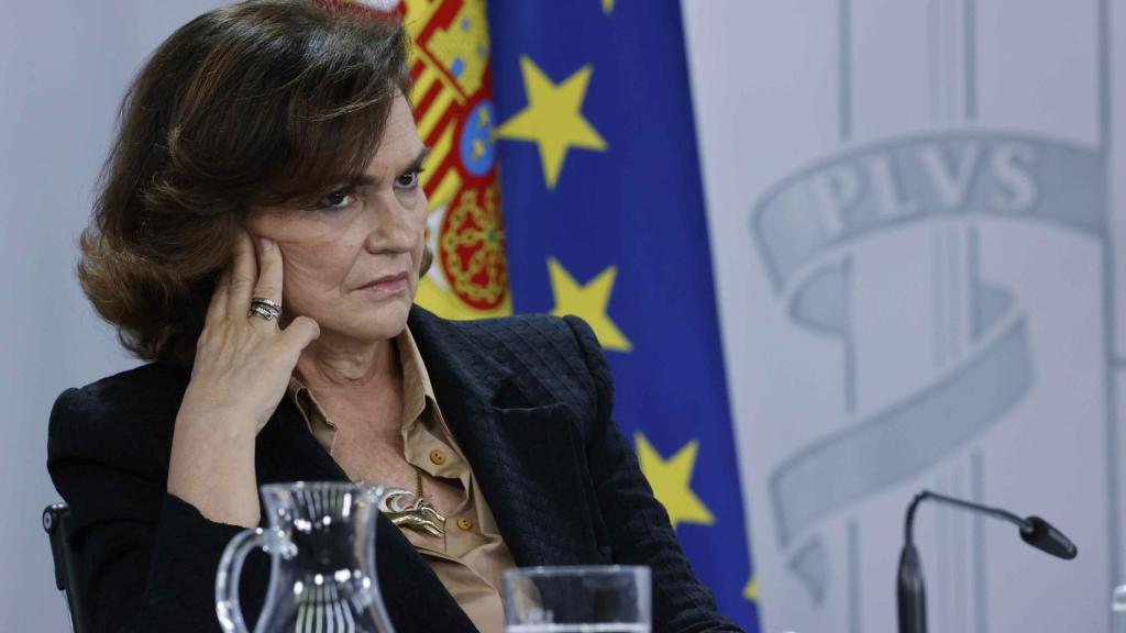 La vicepresidenta Primera del Gobierno, Carmen Calvo, durante una rueda de prensa posterior a la reunión del Consejo de Ministros.