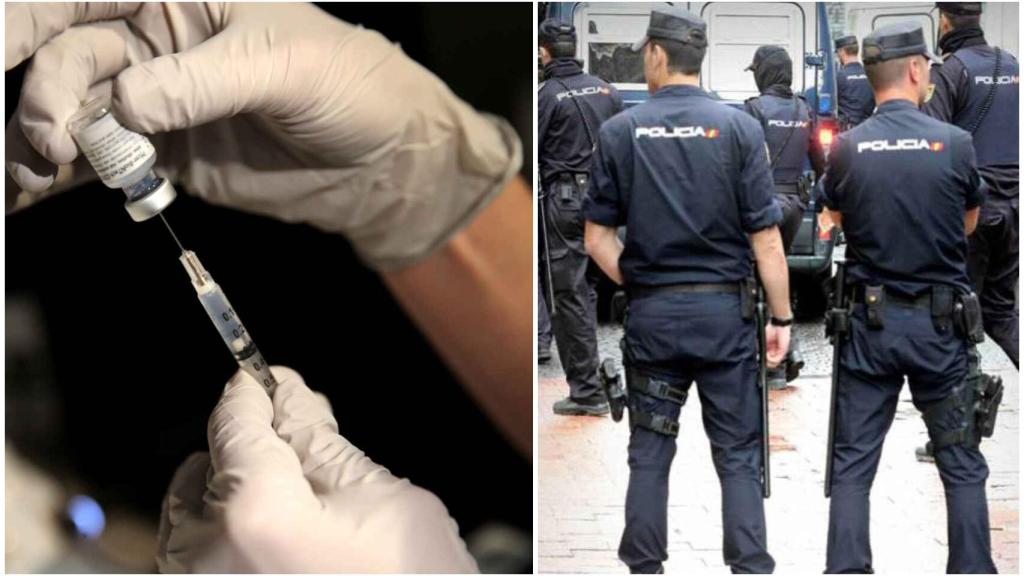 Un farmacéutico prepara las dosis de la vacuna de Pfizer. A la derecha, agentes de Policía Nacional.