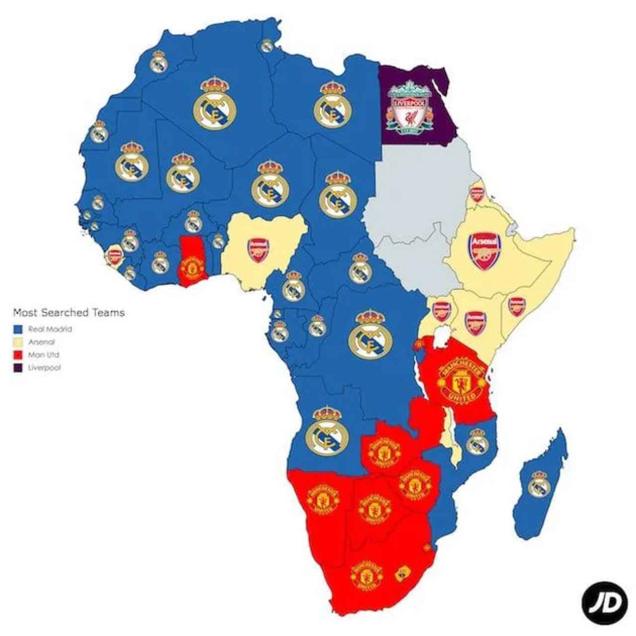 Mapa de África con los equipos de fútbol favoritos de cada país