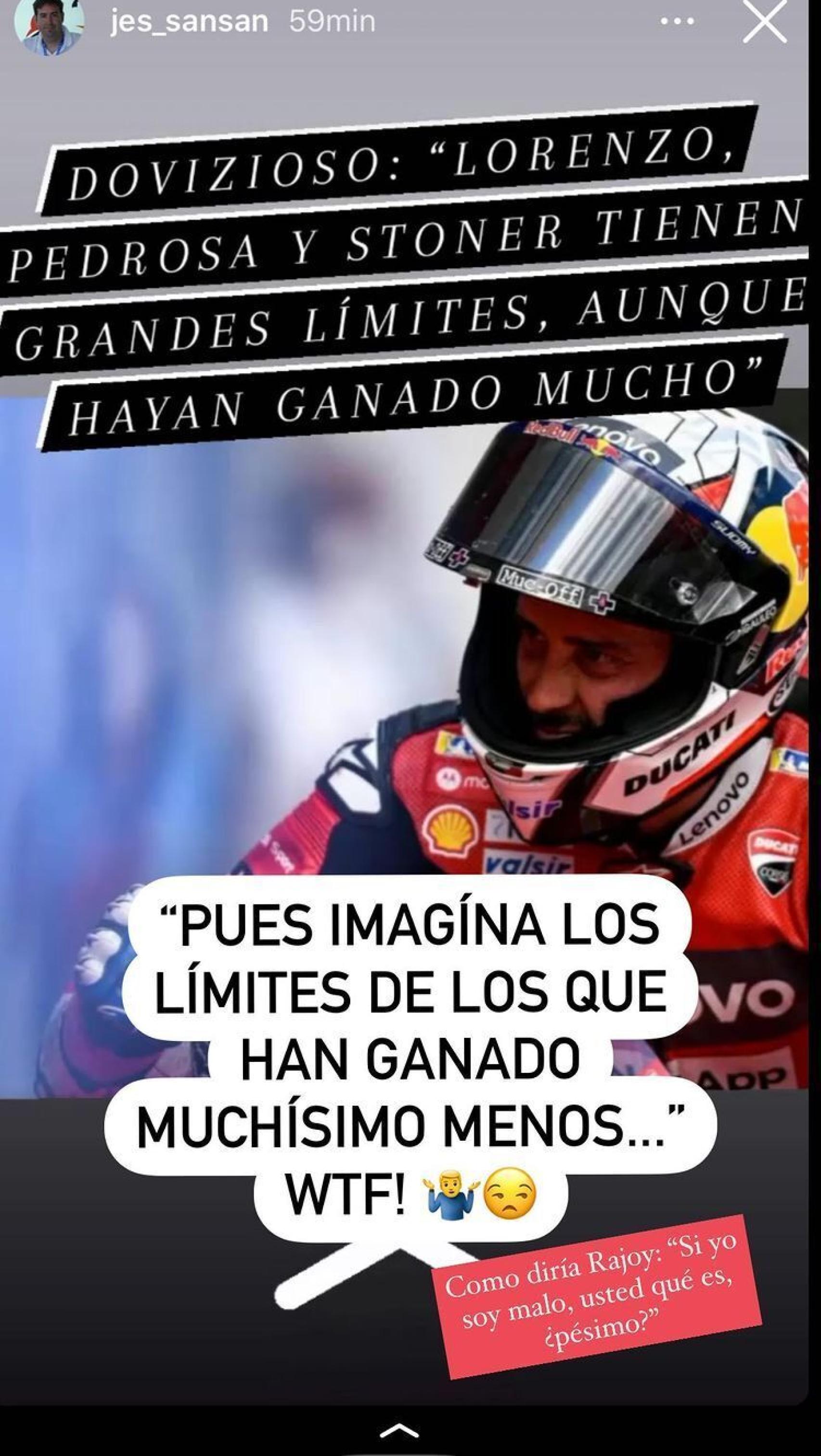 La publicación de Jorge Lorenzo en Instagram atacando a Dovicioso