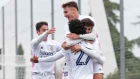 Los jugadores del Real Madrid Castilla celebran un gol en esta temporada