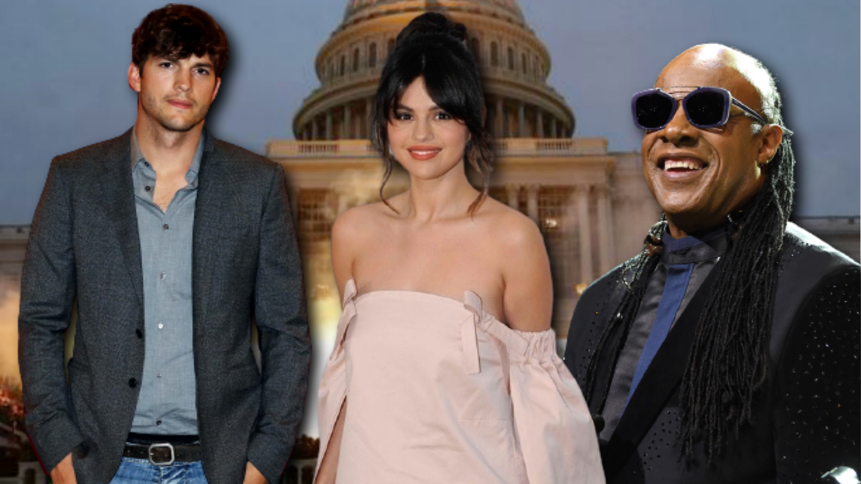 Asthon Kutcher, Selena Gómez y Stevie Wonder en un montaje de JALEOS.