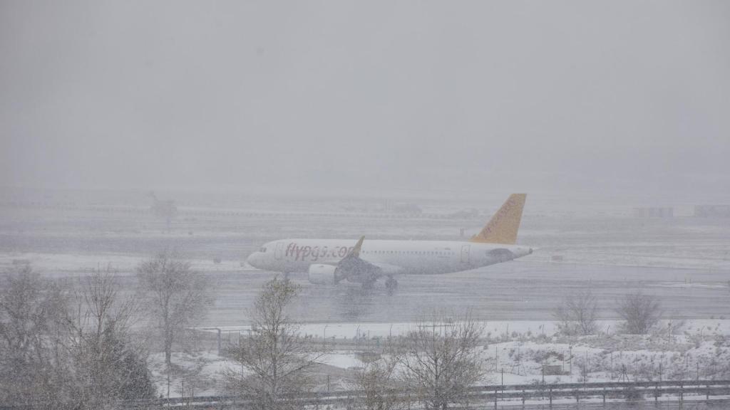 Un avión de la compañía Flypgs en el Aeropuerto de Madrid-Barajas Adolfo Suárez, en Madrid (España).