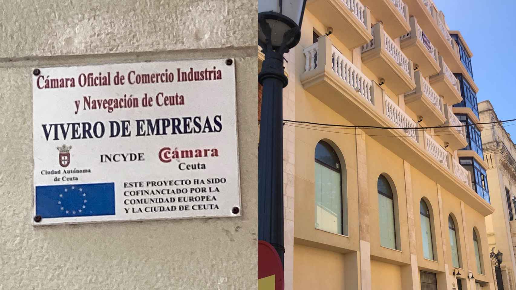Un cartel de la Cámara de Comercio, Industria y Navegación de Ceuta y un edifico de la ciudad.