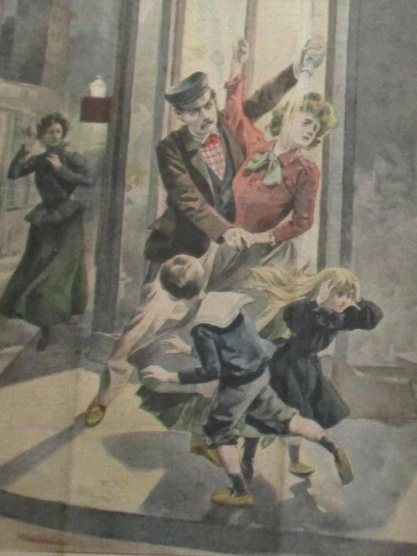 Una ilustración de 'Le petit journal' de 1901 titulada 'Un mari vitrioleur', que muestra a un hombre arrojando ácido a una mujer.