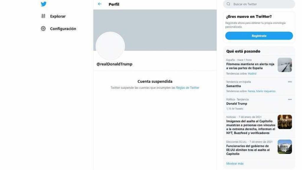 Cuenta de Donald Trump, suspendida.