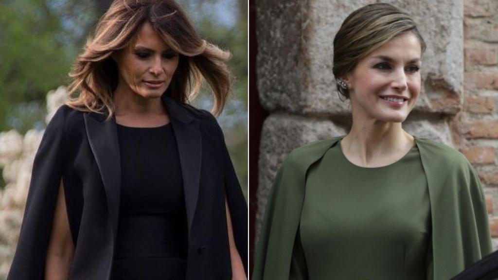 En 2018, Melania se decantó por un vestido con efecto capa, un modelo que cautivó a la Reina meses antes.