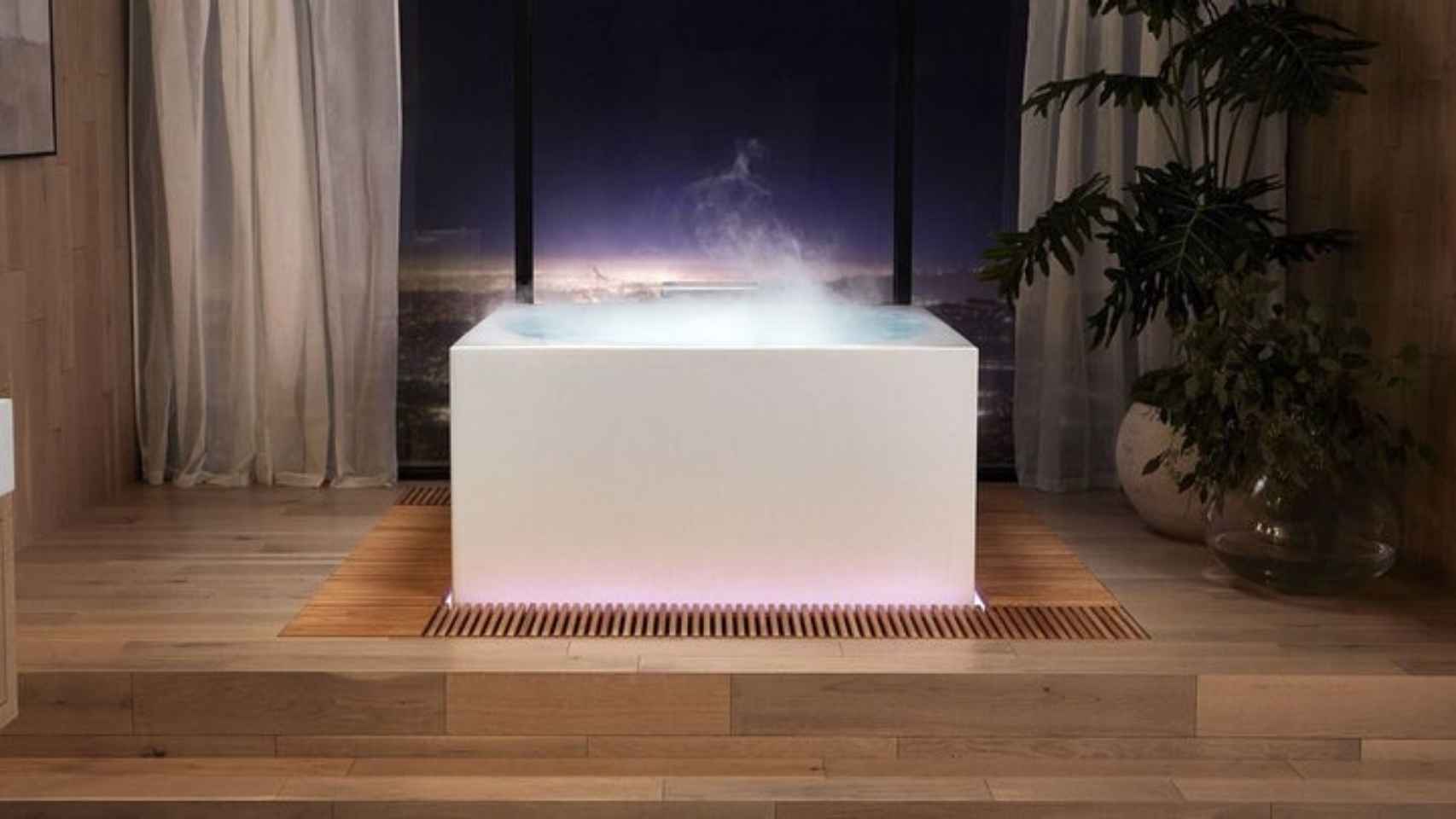 Una bañera inteligente con luces RGB y activación por voz.