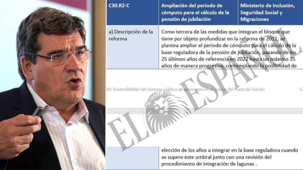 José Luis Escrivá, ministro de Seguridad Social, junto al documento que dice que no ha existido y no va a existir.