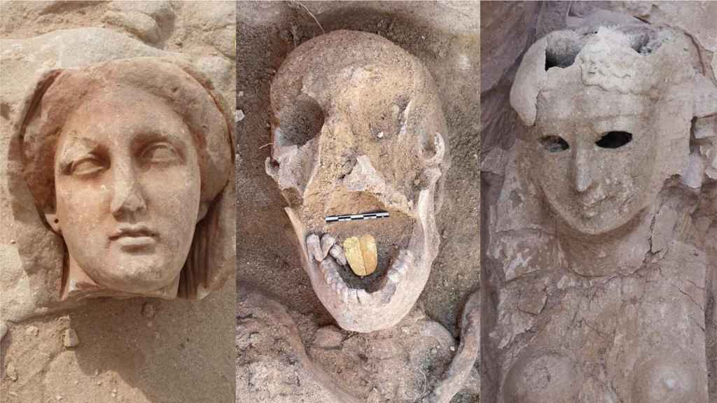 En el centro, una de las momias con una lengua de oro descubierta en Taposiris Magna.