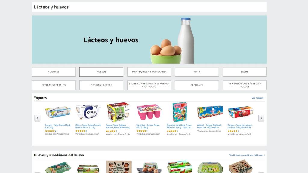 Amazon Fresh y sus subsecciones.