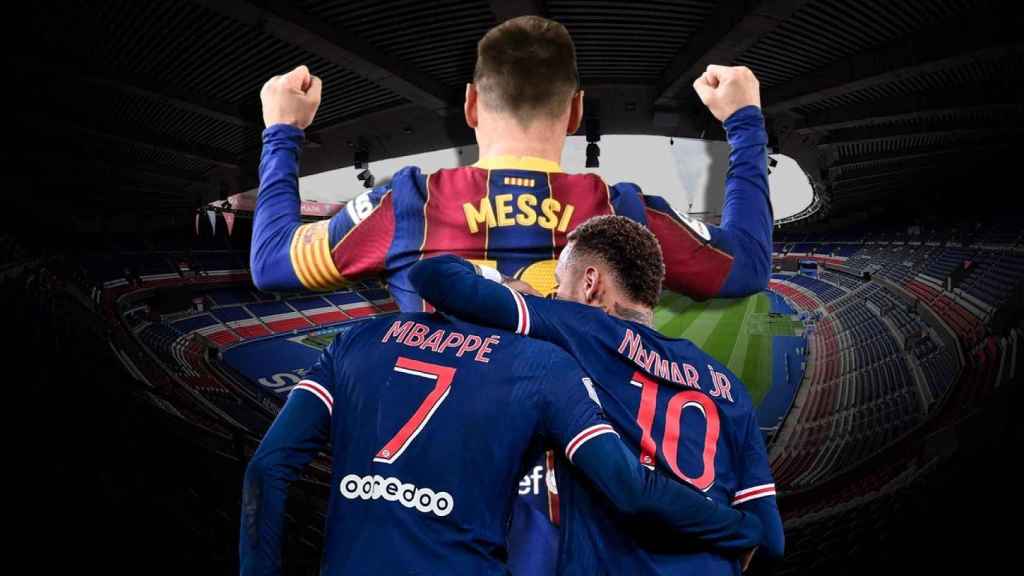 Messi, Neymar y Mbappé, en un fotomontaje
