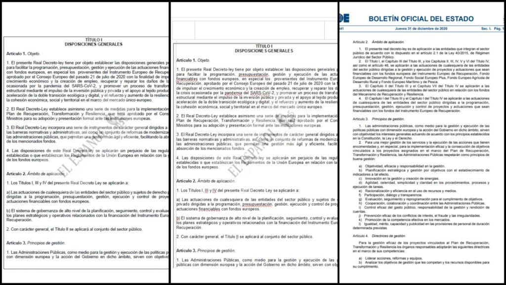 El artículo 2 del decreto sobre los fondos de la UE en los dos borradores, y la redacción finalmente publicada en el BOE.