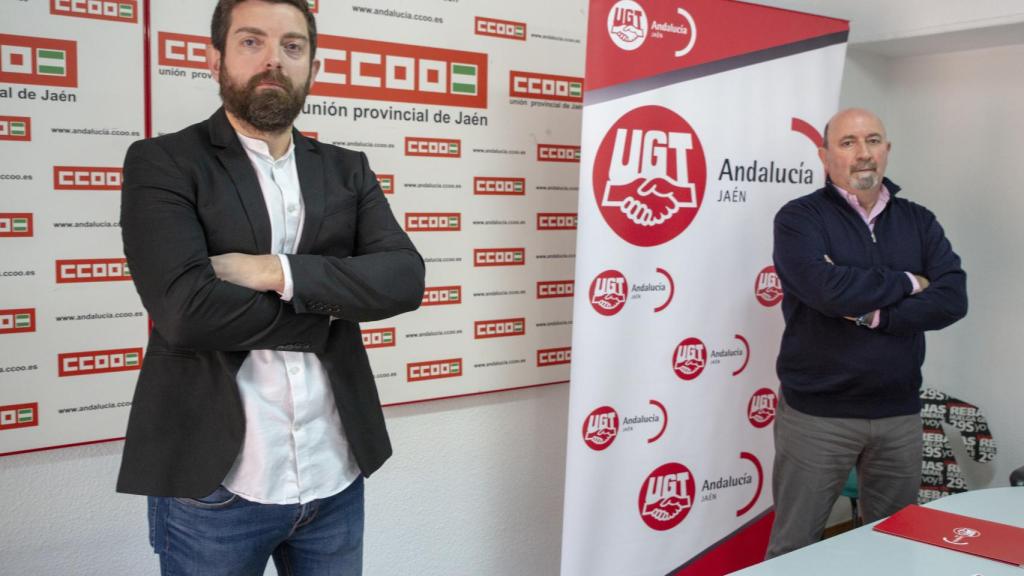 El secretario provincial en Jaén de CCOO, Francisco Cantero, y su homólogo de UGT en la provincia, Manuel Salazar, este lunes.