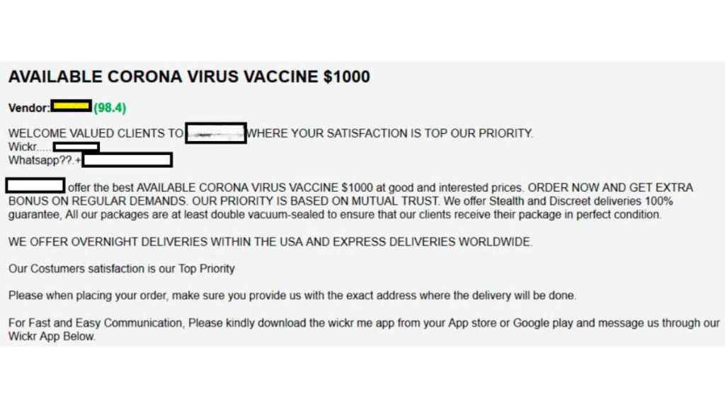 Uno de los anuncios de vacunas contra la Covid encontrados por Check Point en la 'dark web'.