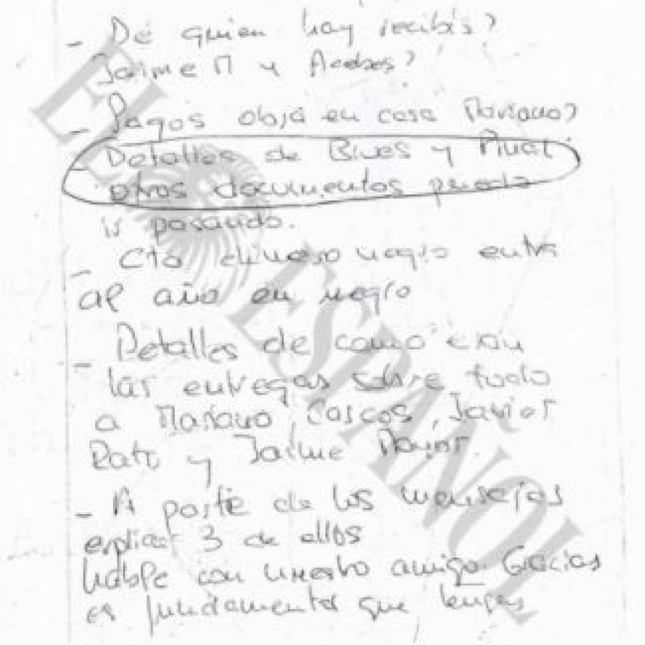 Manuscrito de Rosalía Iglesias sobre los documentos guardados por Bárcenas./