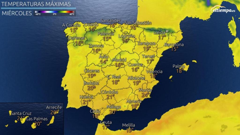 Mapa de temperaturas máximas previstas para el miércoles. Eltiempo.es.