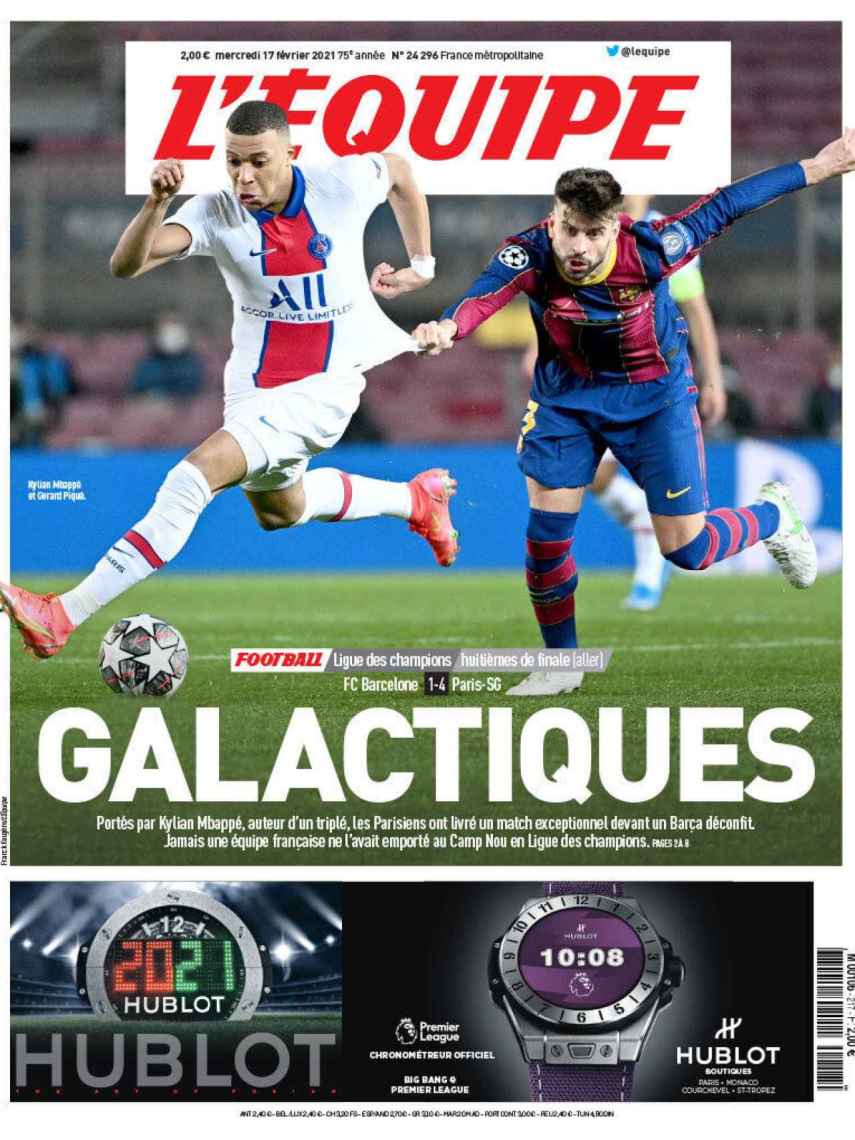 La portada del diario L'Équipe (17/02/2021)